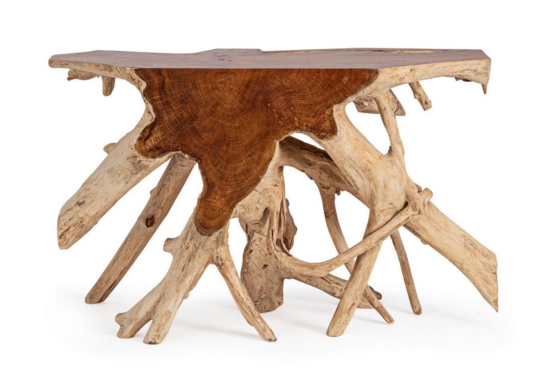 CONSOLLE LISANDRA 120X45 4 jollygiuncoeu table carved from a tree trunk with intertwined root legs rustic natural wood finish and visible grain