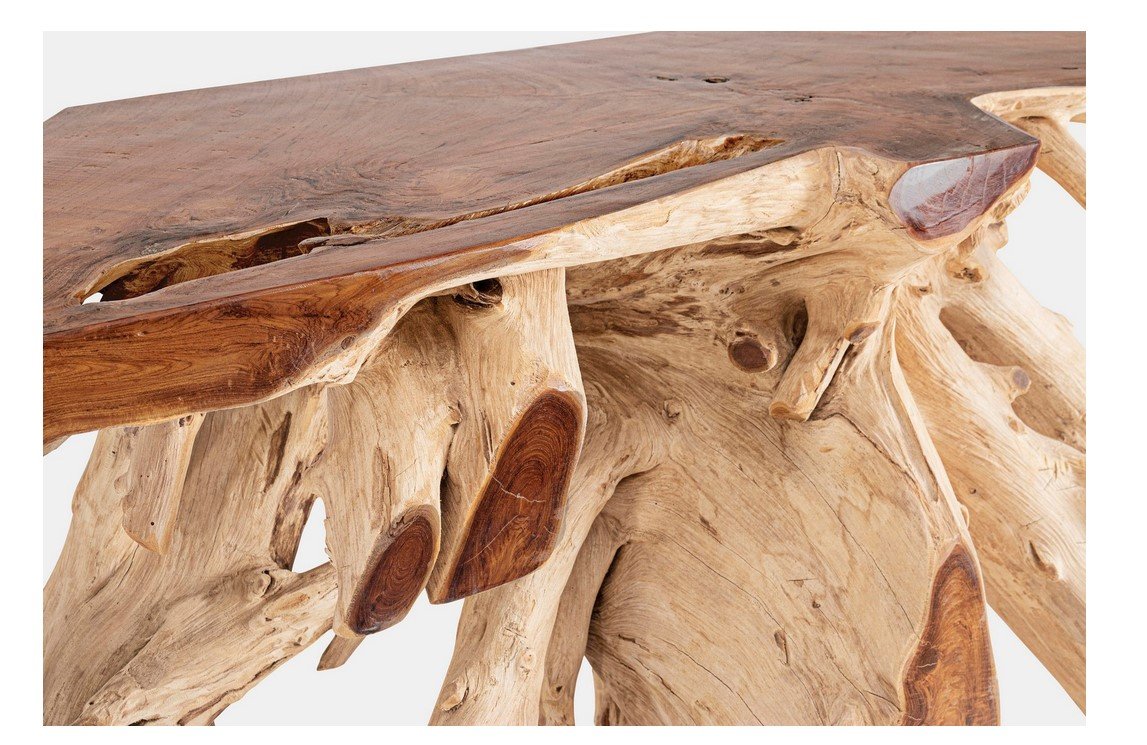 CONSOLLE LISANDRA 120X457 jollygiuncoeu wooden sculptural table made from intertwined driftwood and exposed roots smooth top slab with natural grain visible