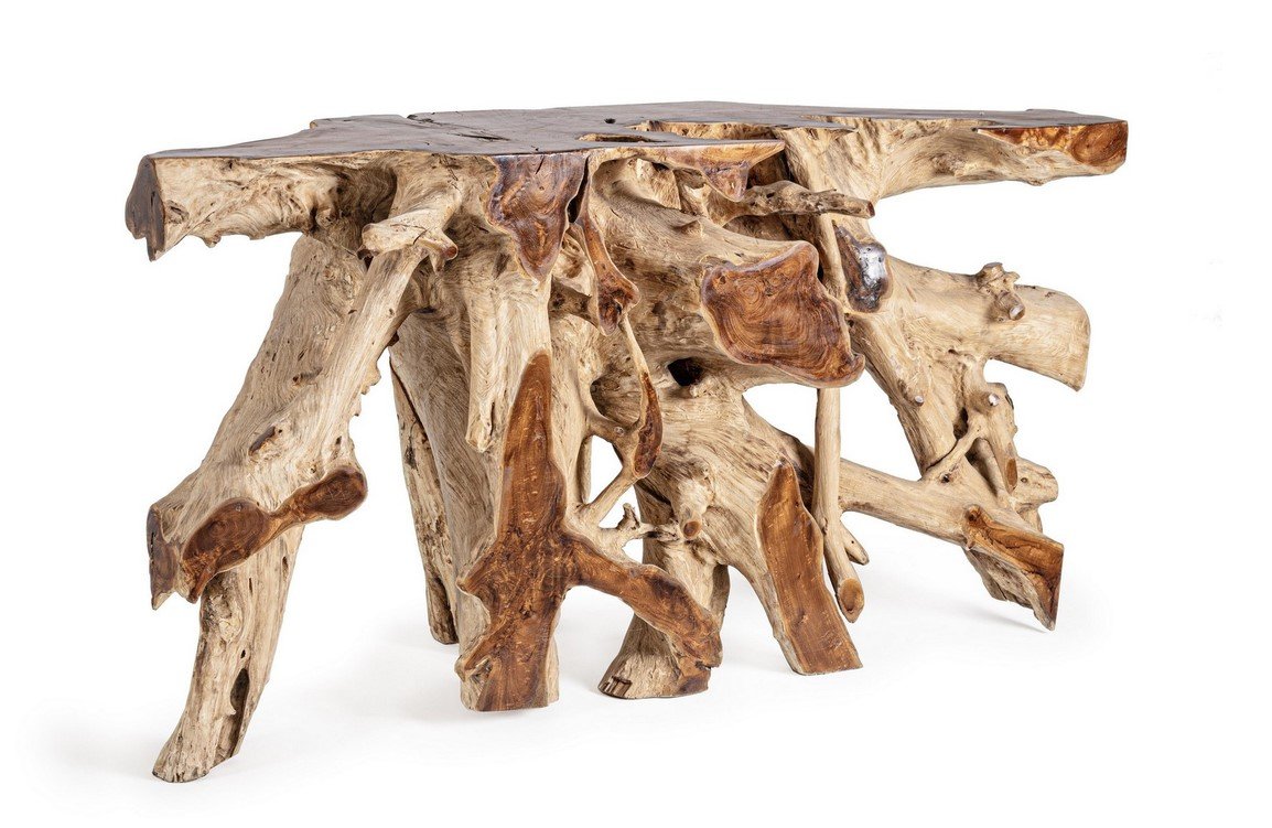 CONSOLLE LISANDRA 150X45 jollygiuncoeu rustic driftwood table made from broken intertwined branches with a flat wooden top on white background