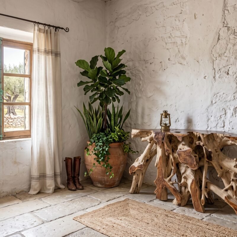Sunlit rustic room corner with a wooden-framed window, cream curtains, and potted plants by a carved wooden table.