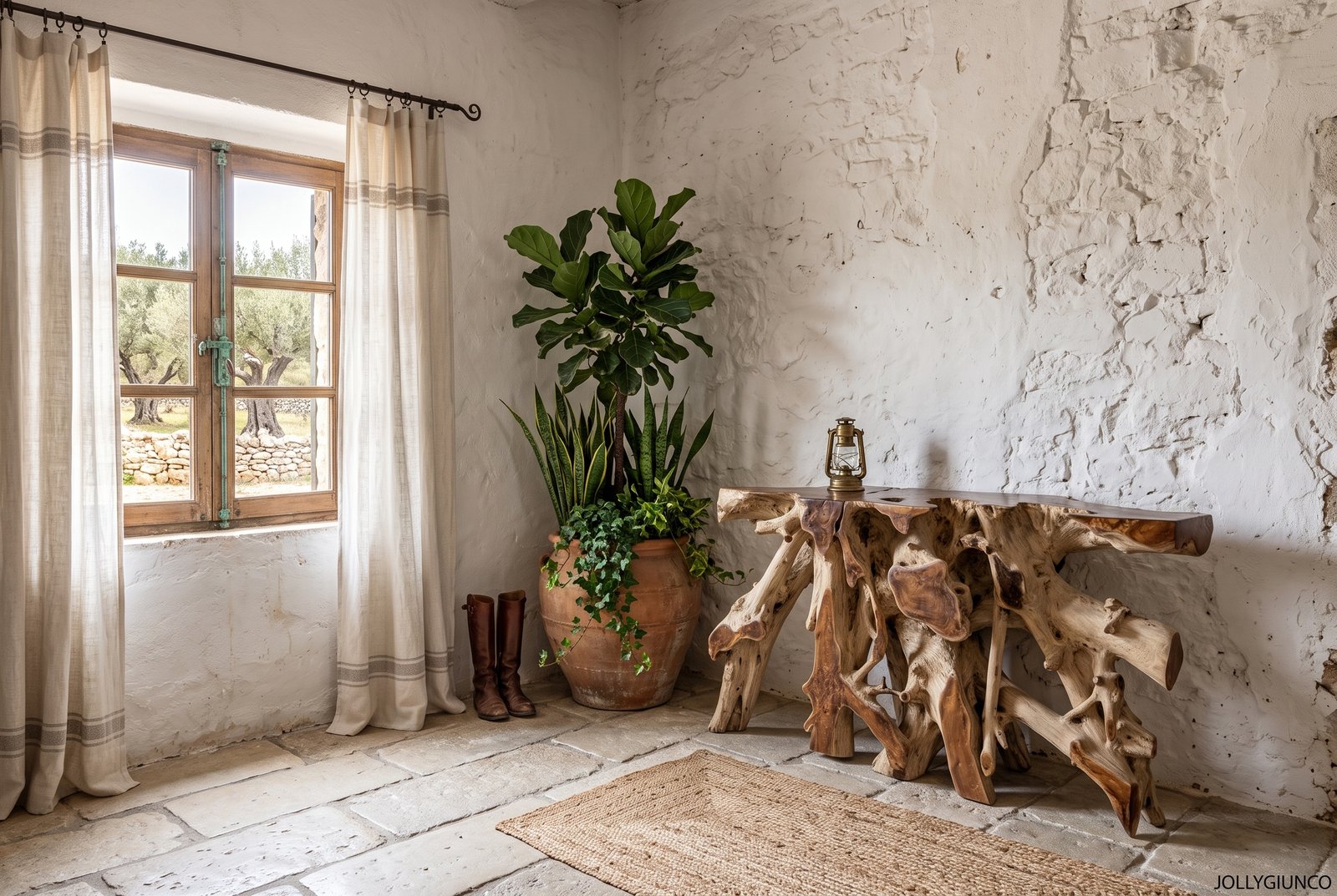 CONSOLLE LISANDRA 150X4510jpg jollygiuncoeu sunlit rustic room corner with a wooden framed window cream curtains and potted plants by a carved wooden table