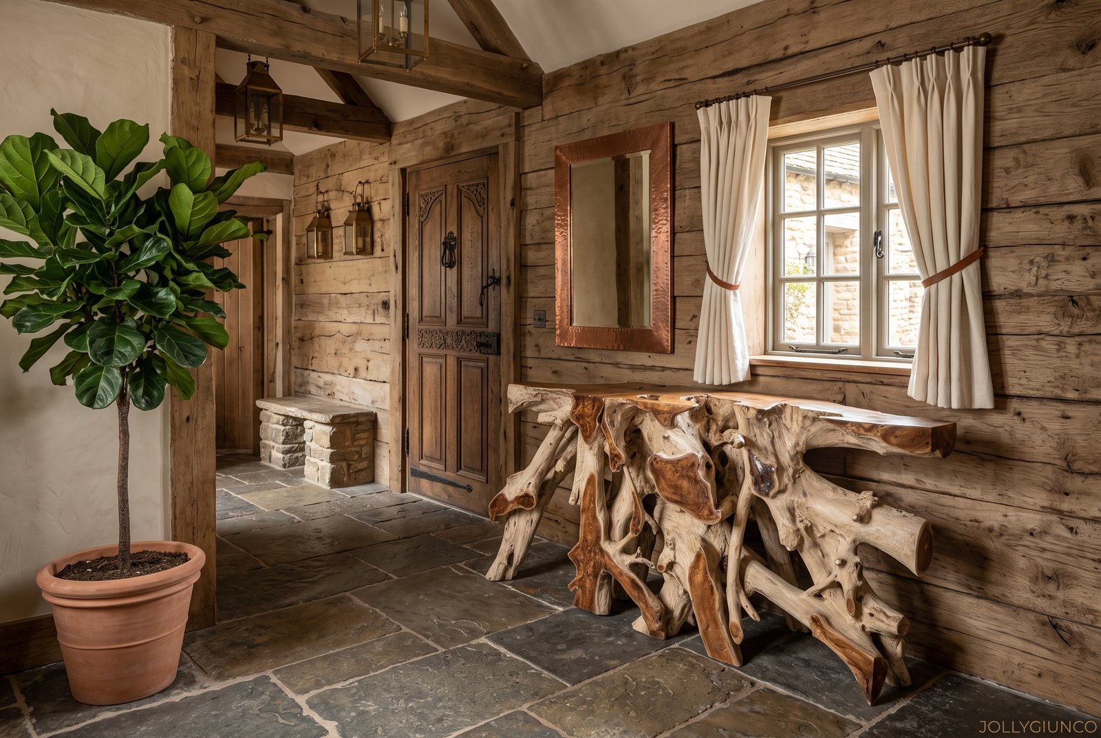 CONSOLLE LISANDRA 150X4511jpg jollygiuncoeu rustic hallway with exposed wooden beams a carved wooden door copper framed mirror and a chunky log bench by a window