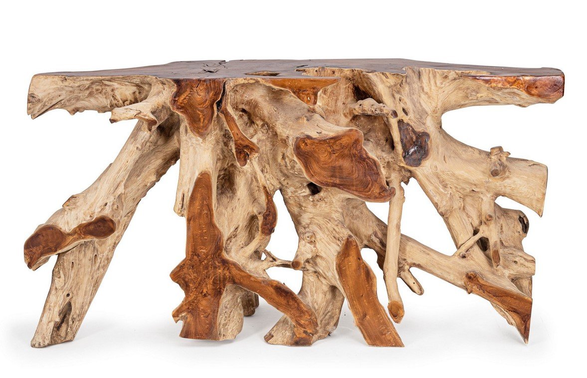 CONSOLLE LISANDRA 150X452 jollygiuncoeu rustic coffee table carved from intertwined driftwood pieces showing natural wood tones and irregular sculptural legs against a white background