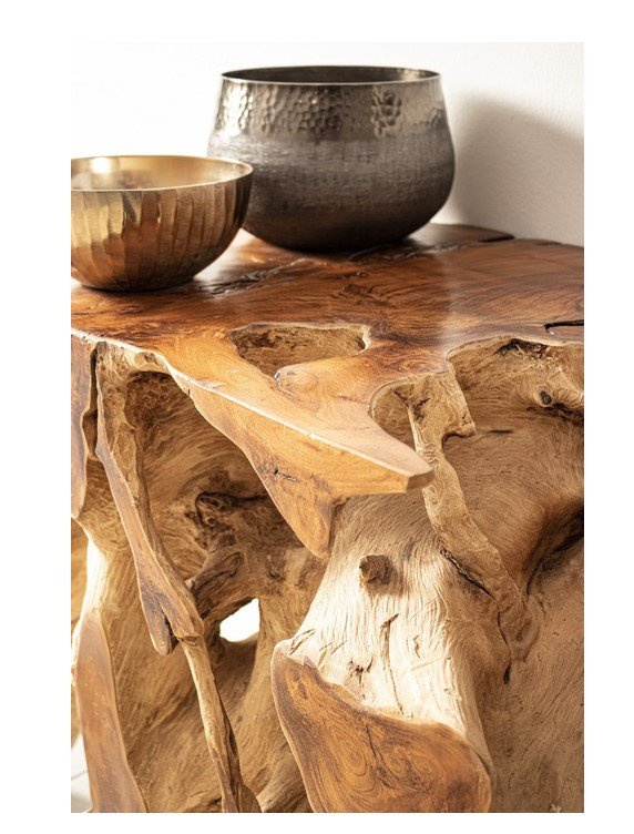 CONSOLLE LISANDRA 150X4551 jollygiuncoeu rustic wooden carved table with a natural grain and two metal bowls on top