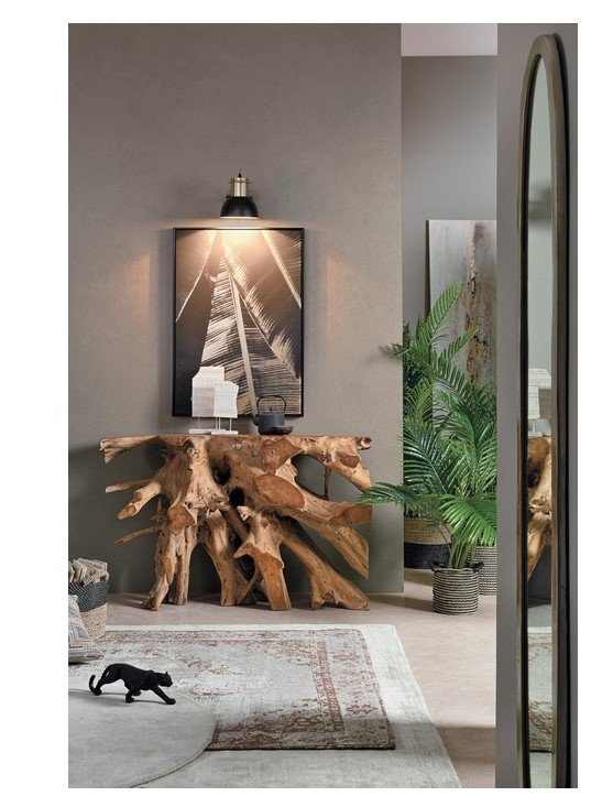 CONSOLLE SOLIDAD 120X40 10 jollygiuncoeu living room with a large natural wood sculpture console framed monochrome art a potted plant and a tall curved mirror reflecting the space