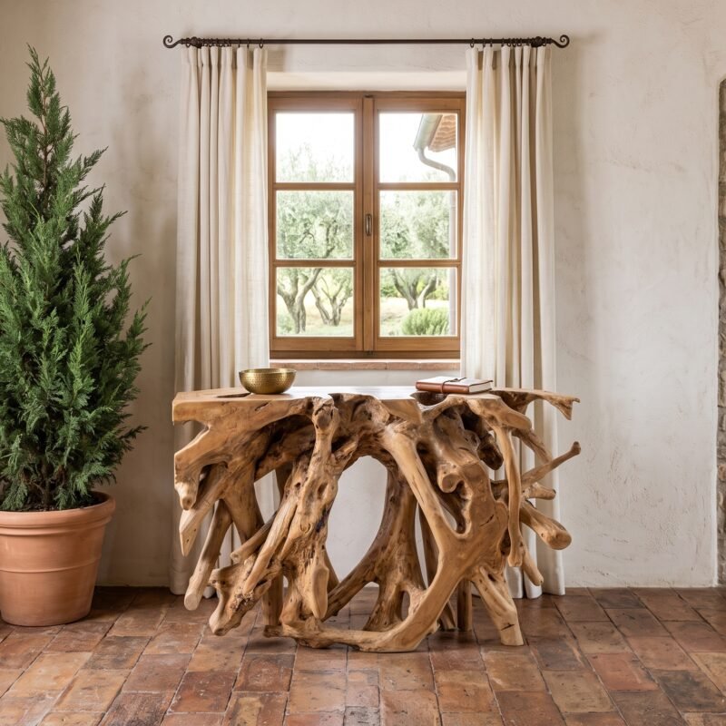 Rustic living area with a carved wooden console table, tall potted evergreen, and a window with beige curtains; stone arch and fireplace to the right.