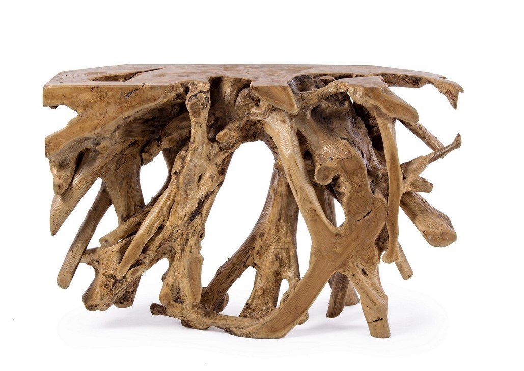 CONSOLLE SOLIDAD 120X40 21 jollygiuncoeu table carved from intertwined driftwood pieces with a flat wooden top showcasing natural textures and organic form