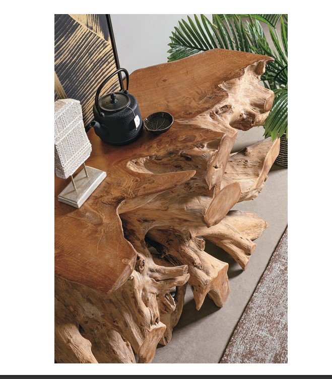 CONSOLLE SOLIDAD 120X40 51 jollygiuncoeu driftwood style coffee table with a black kettle small cup and a white decorative ornament green plants in the background