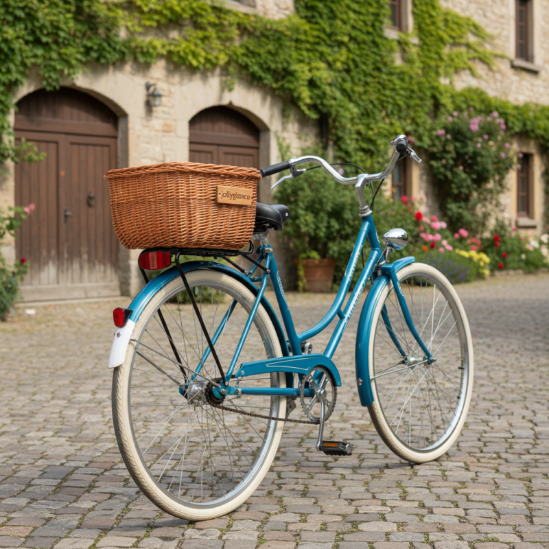 Blue vintage bike with a large wicker basket parked on a cobblestone street in front of ivy-covered stone buildings.