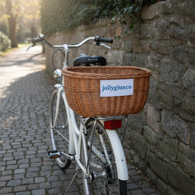 White bicycle with a large wicker front basket labeled 'jollygiunco' on a sunlit cobblestone path beside a stone wall and greenery.
