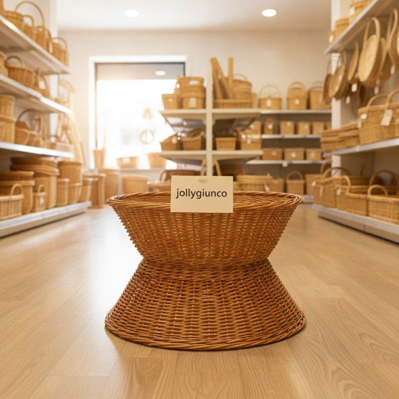Wicker basket display in a bright shop, tag reads 'jollygiunco'