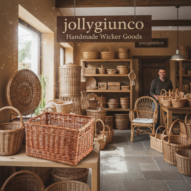 Wicker basket shop interior with shelves full of baskets and a man standing behind a wooden counter.