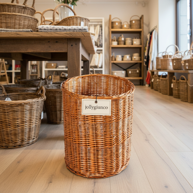 Wicker basket with a label reading 'jollygiunco' in a bright shop filled with more baskets on shelves and the wooden floor surrounding it
