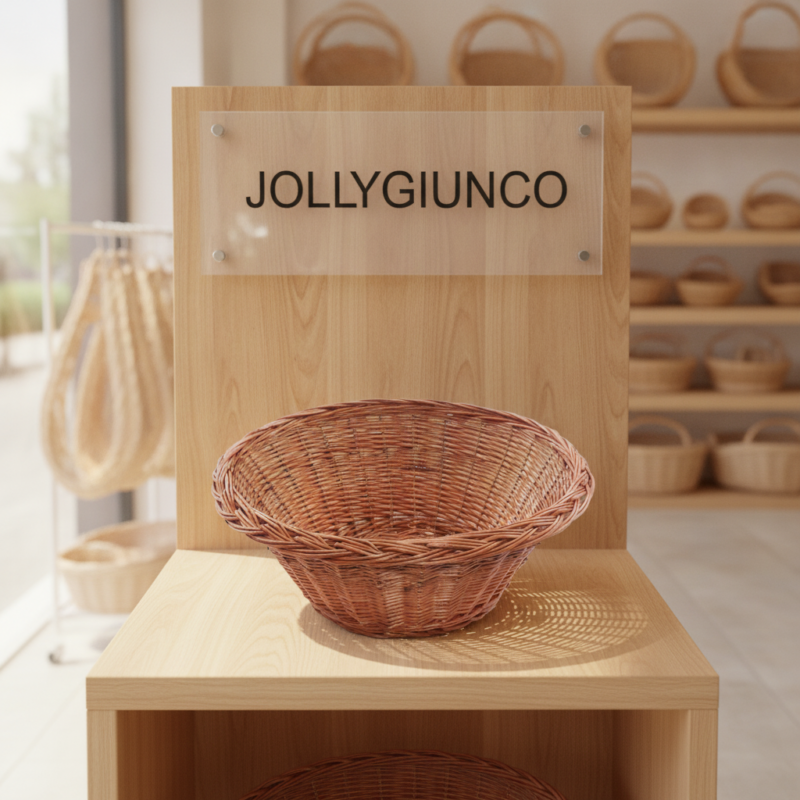 Wicker basket on a wooden pedestal in a store, with shelves of baskets in the background and a sign reading JOLLYGIUNCO