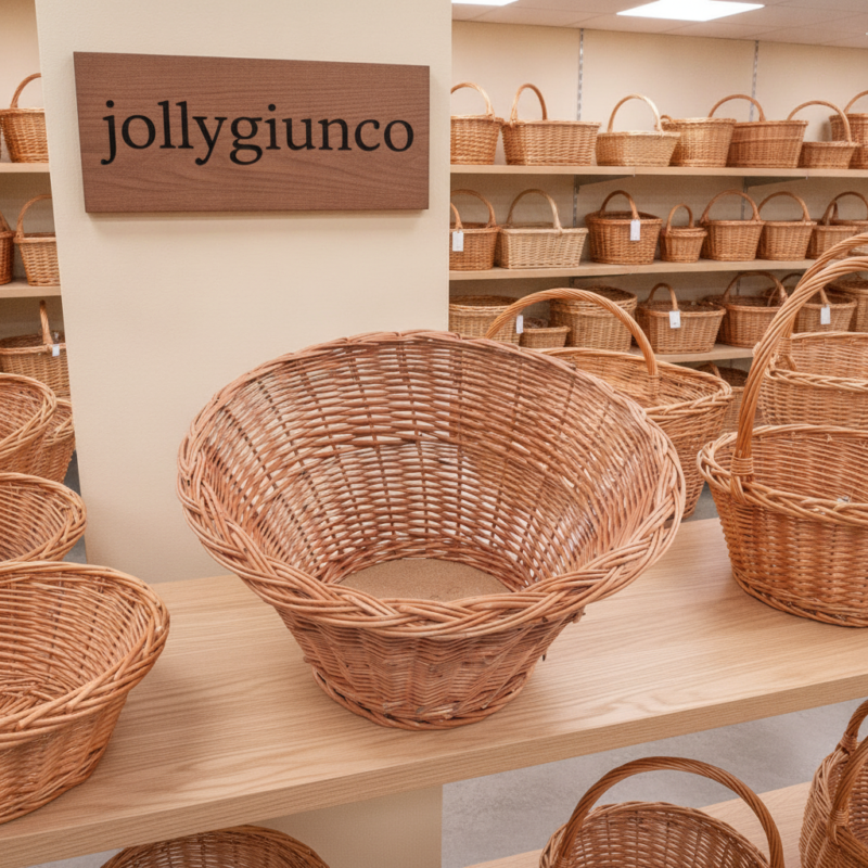 Woven wicker baskets on shelves in a shop; a large round basket sits on a wooden table, with a 'jollygiunco' sign on a column.