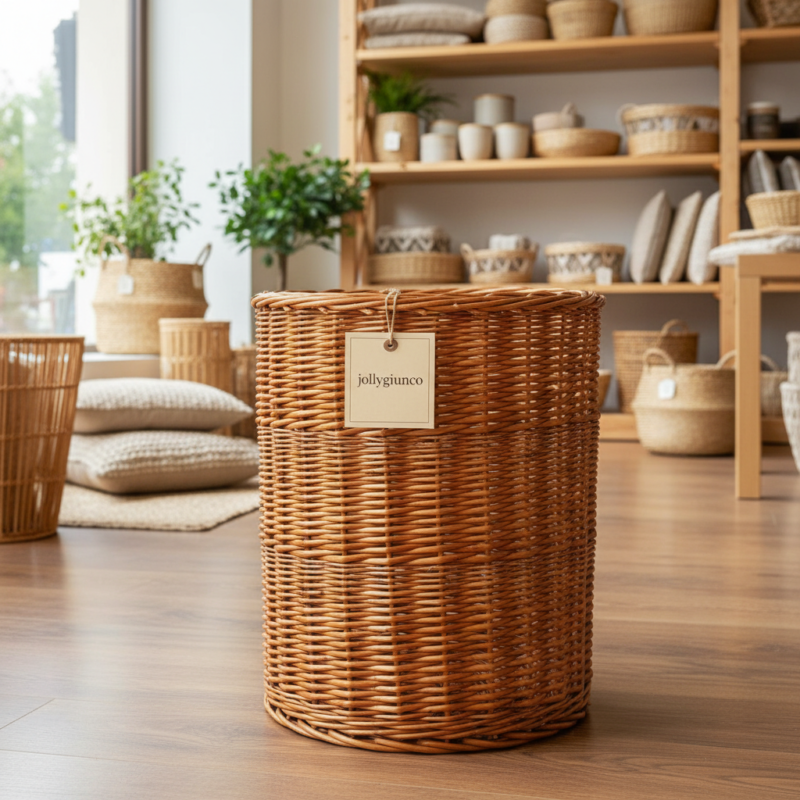 Large woven wicker basket with a tag in a home decor store showroom.
