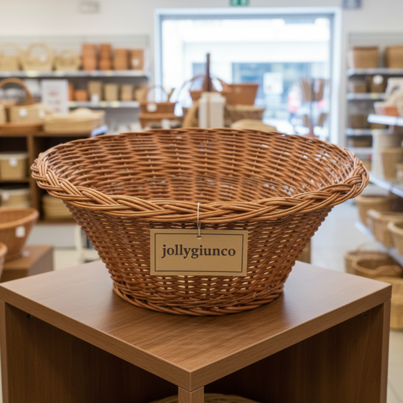 Woven wicker basket on a wooden table inside a shop, tag reads 'jollygiunco' attached to it.