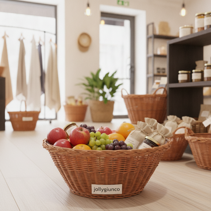 Basket of fresh fruit (apples, grapes, oranges) in a woven basket on a store floor