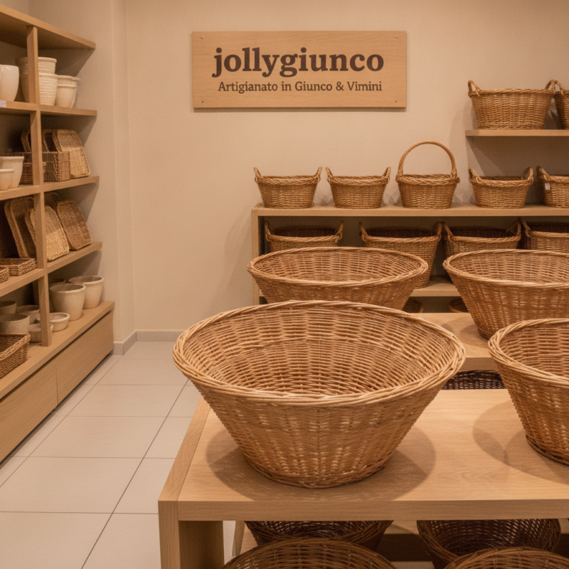 Wicker baskets of various sizes arranged on shelves and tables inside a craft shop, with a sign over them reading 'jollygiunco Artigianato in Giunco & Vimini'