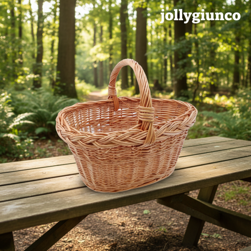 Wicker picnic basket with braided handles on a wooden table in a sunlit forest clearing.