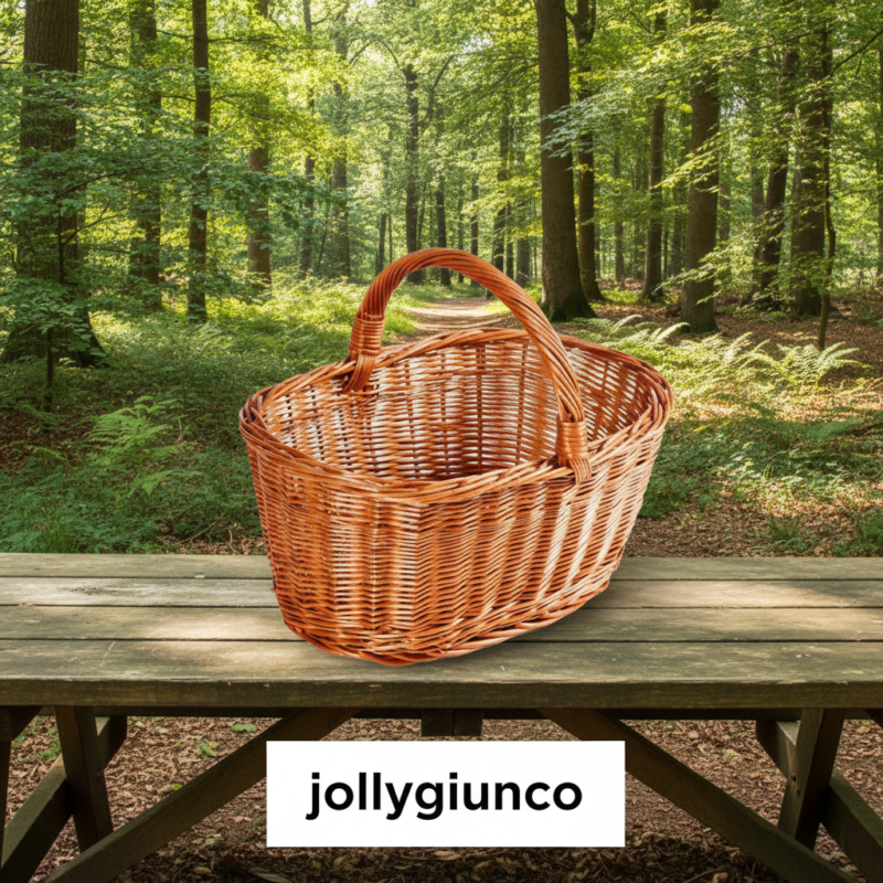 Wicker picnic basket on a wooden table in a sunlit forest, with the brand label 'jollygiunco' visible on a white card below.