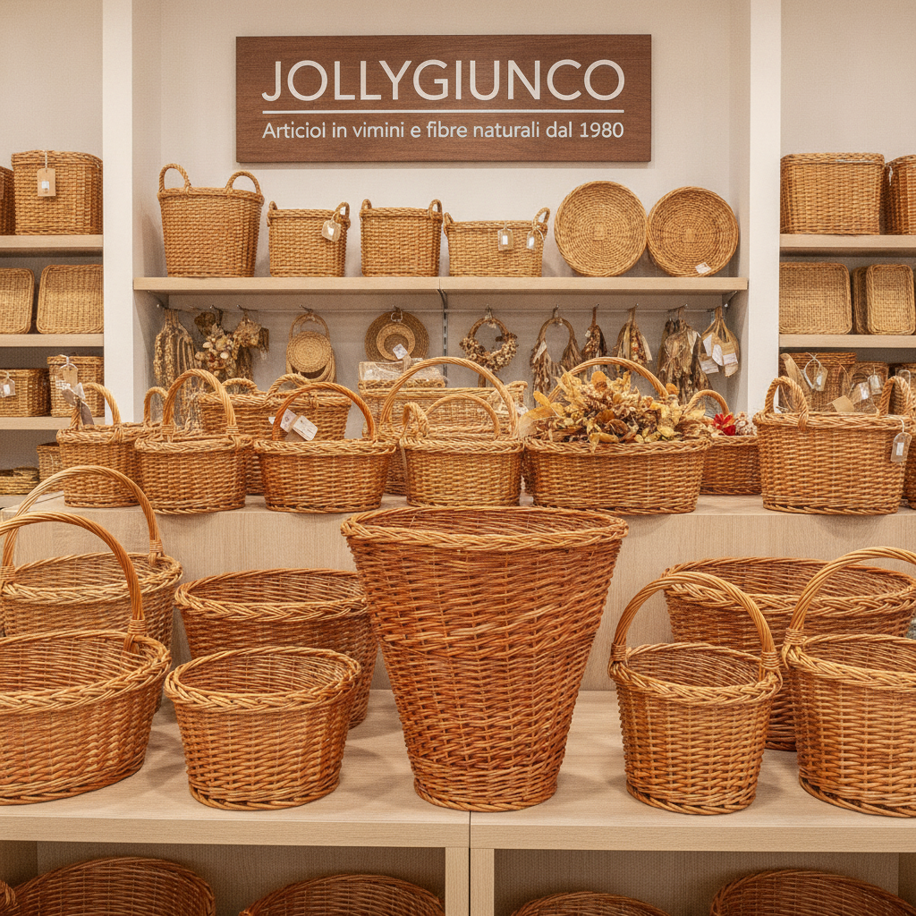 Cesto in vimini rosso fondo legno Ø501025H50 jollygiuncoeu display of woven wicker baskets in a store arranged on shelves and tables beneath a wooden sign