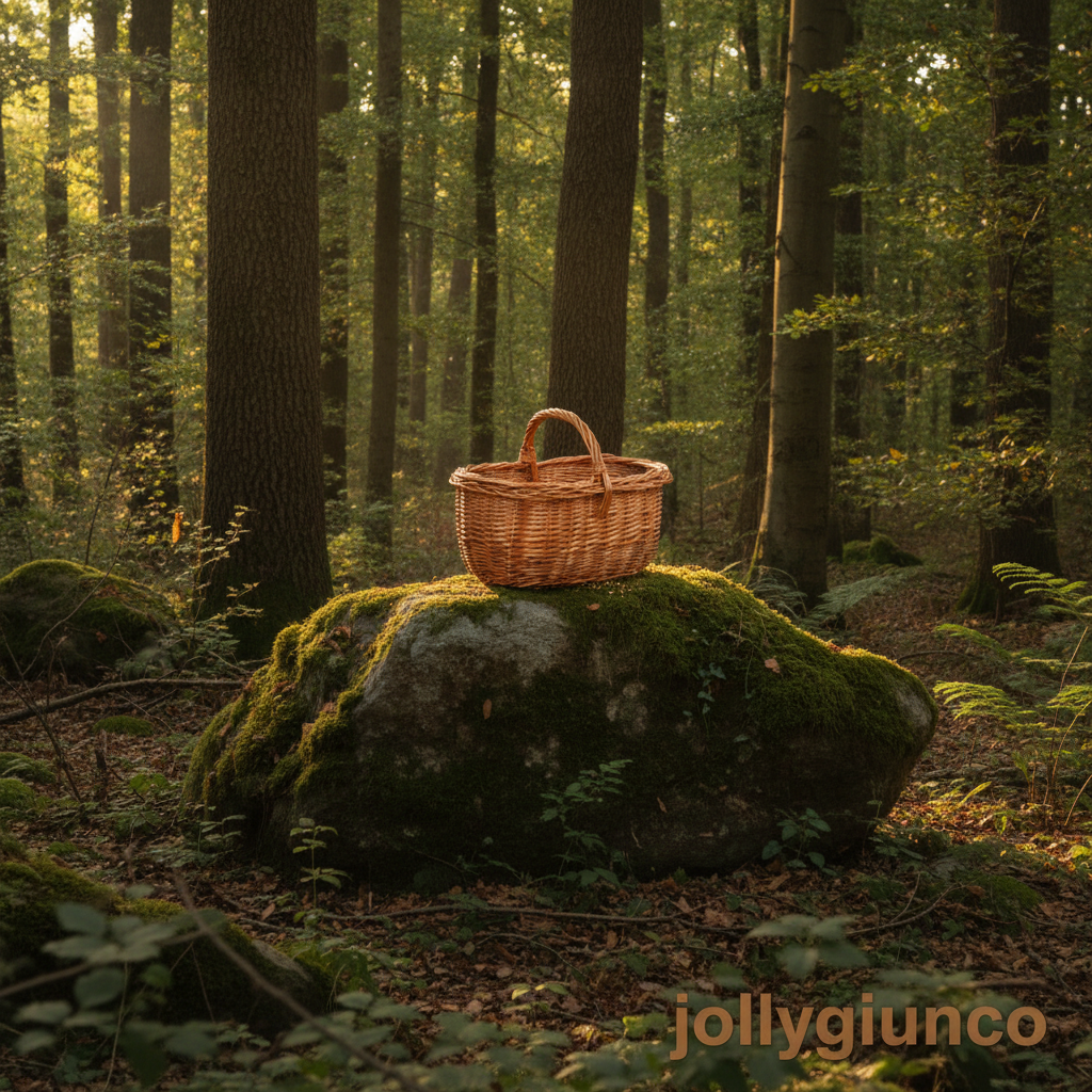 Cesto in vimini rosso intero Olanda 36X26H37 10 jollygiuncoeu basket resting on a mossy rock in a sunlit forest clearing