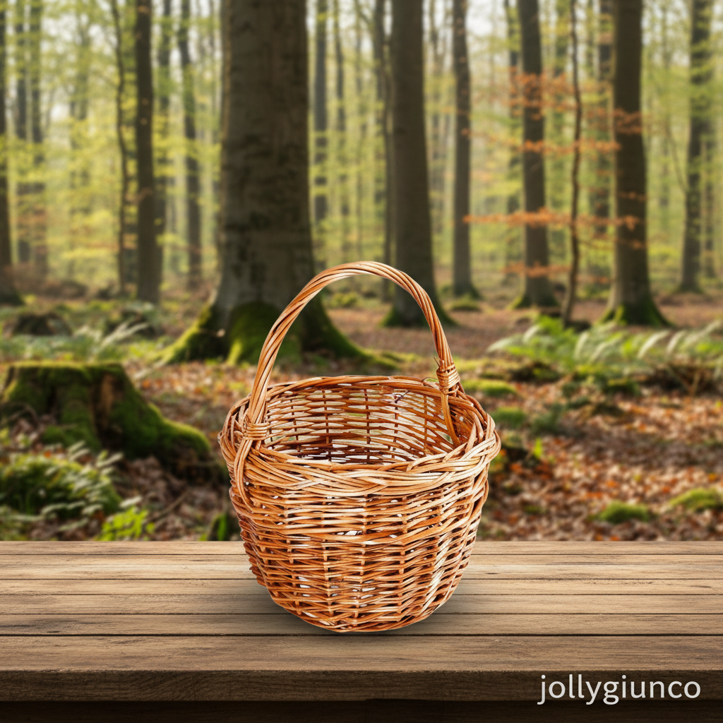 Cesto in vimini rosso intero Rosa Ø25H38 10 jollygiuncoeu wicker basket on a wooden table in a sunlit forest setting