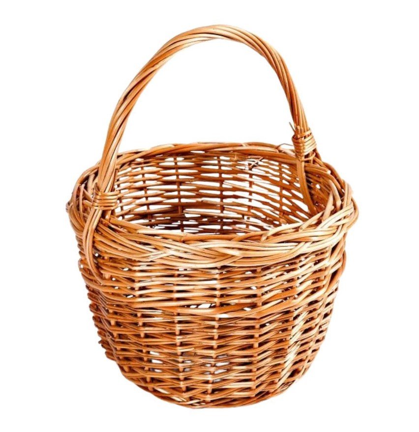 Cesto in vimini rosso intero Rosa Ø25H38 jollygiuncoeu wicker basket with a curved handle woven from light brown reeds empty and ready to use