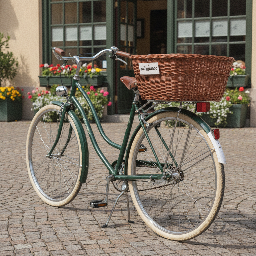 Cesto per bicicletta in vimini rosso Olanda 60x44H24 10 jollygiuncoeu green vintage bicycle with a large wicker front basket parked on cobblestone in front of a flower filled building entrance