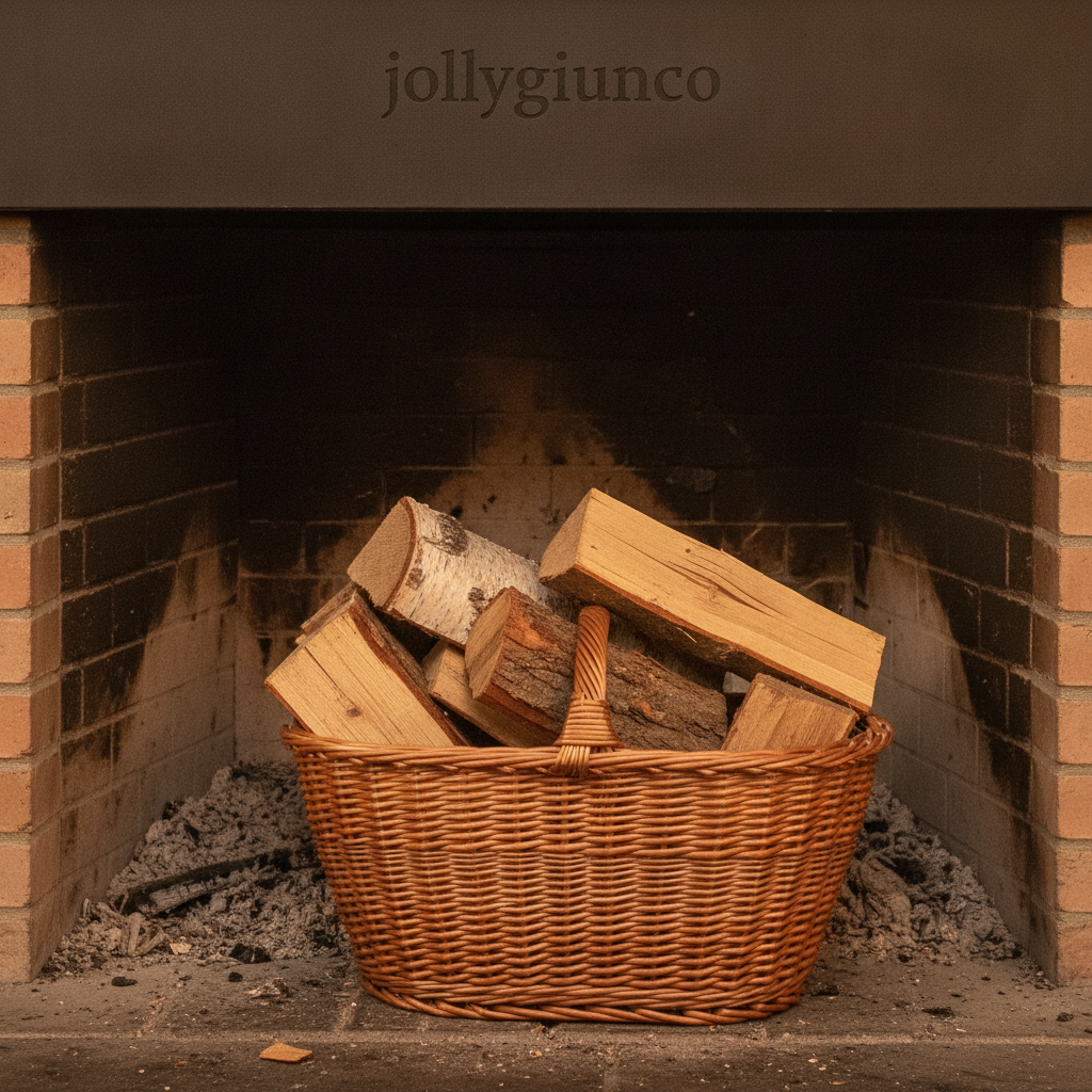Cesto portalegna in vimini rosso 50x33H3610 jollygiuncoeu basket of split firewood resting inside a brick fireplace ready for a fire