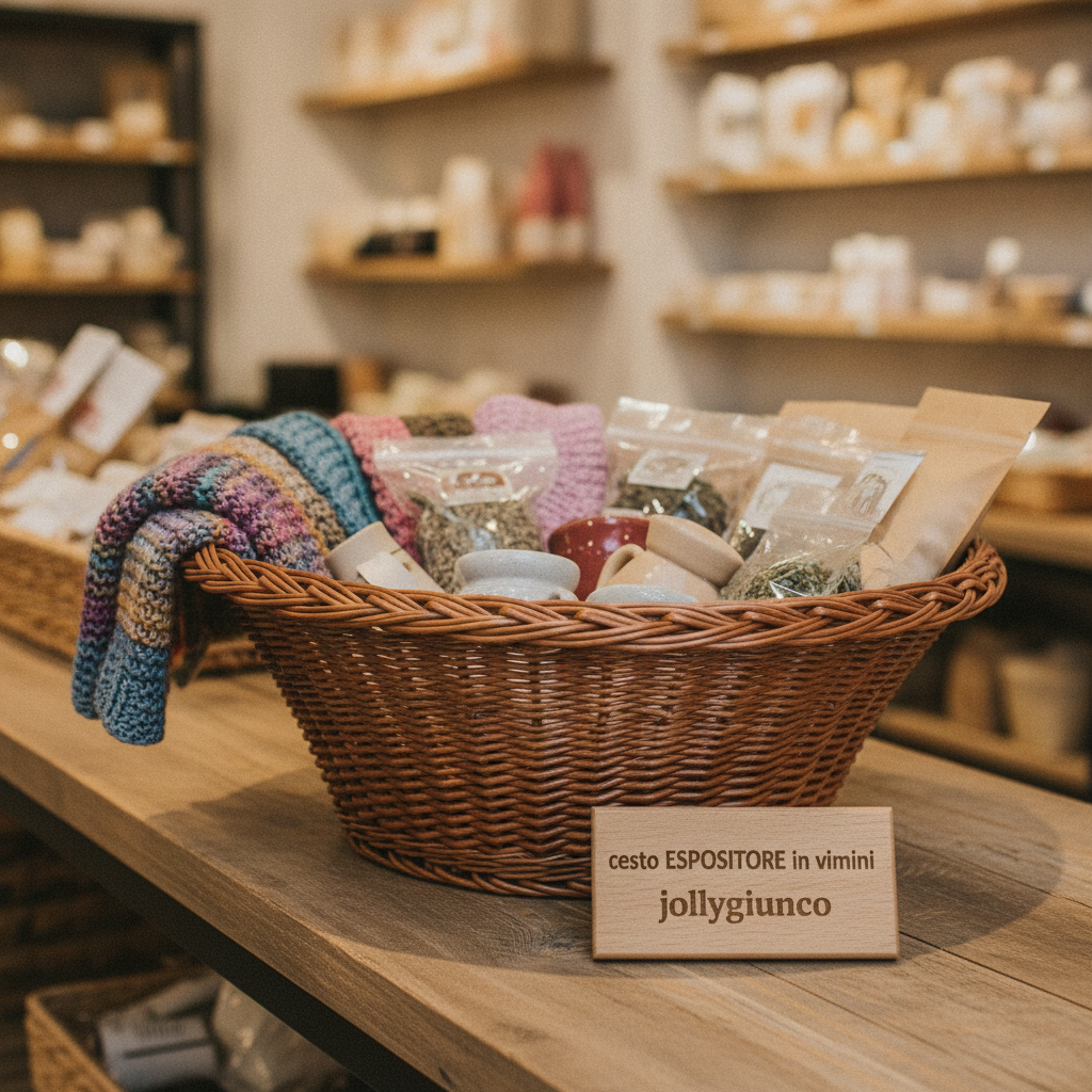 ESPOSITORE CONO VIMINI ROSSO DIA60 FONDO32 H22 10 jollygiuncoeu wicker display basket on a wooden counter filled with small packaged items and a colorful knitted scarf draped over the side in a shop setting with a small wooden sign in front containing italian text