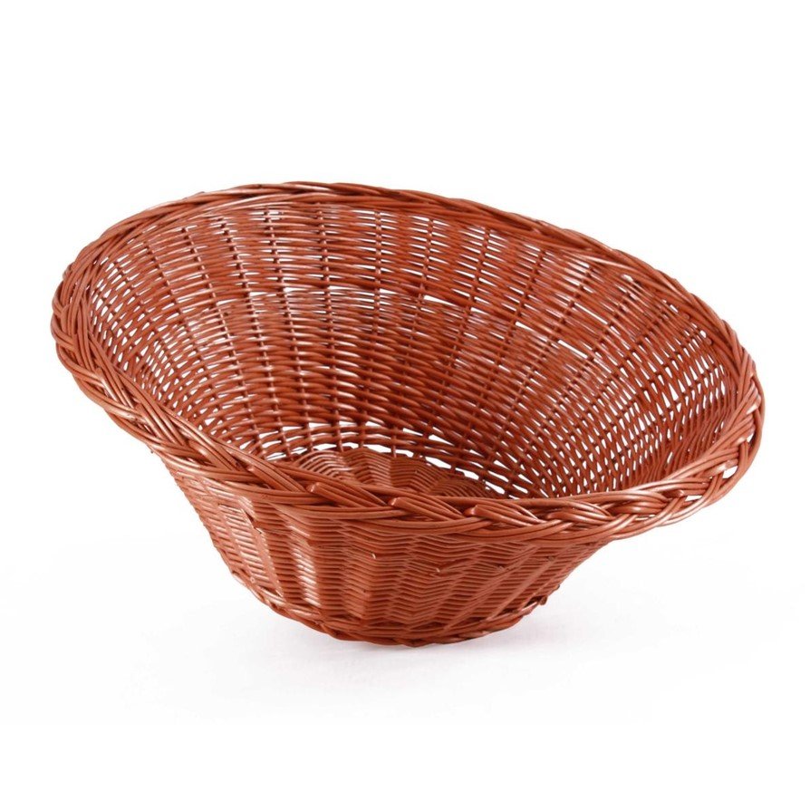 ESPOSITORE CONO VIMINI ROSSO DIA60 FONDO32 H22 jollygiuncoeu brown woven wicker basket with a rounded rim on a white background