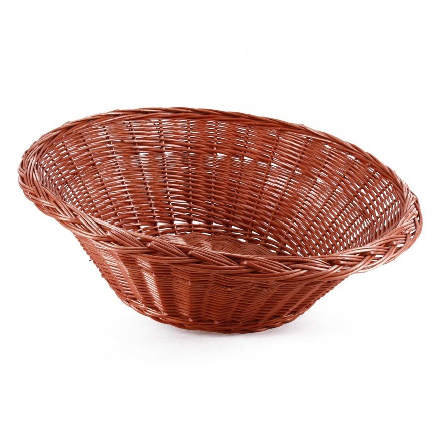 ESPOSITORE CONO VIMINI ROSSO DIA70 FONDO39 H24 jollygiuncoeu round red brown wicker basket with a braided rim empty on a white background
