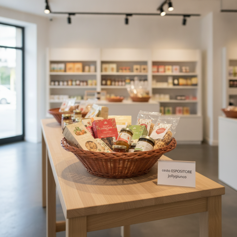 Basket of assorted packaged foods on a wooden display table inside a bright, modern shop, with shelves in the background.
