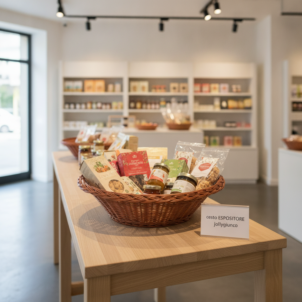 ESPOSITORE CONO VIMINI ROSSO DIA70 FONDO39 H24 10 jollygiuncoeu basket of assorted packaged foods on a wooden display table inside a bright modern shop with shelves in the background