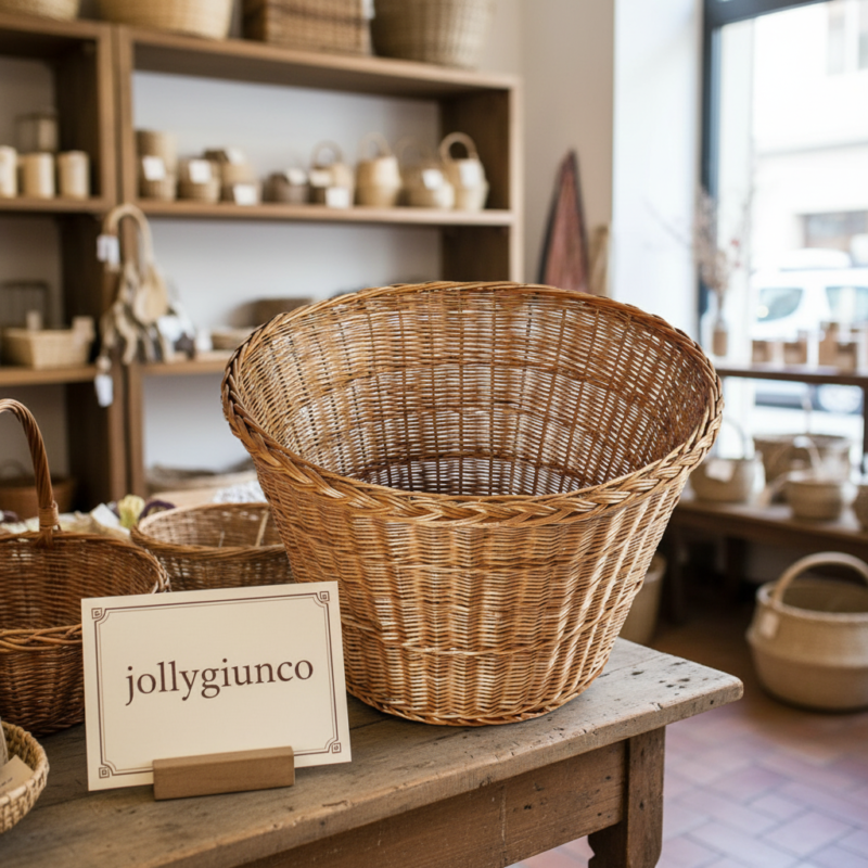 Large woven wicker basket on a wooden table inside a shop displaying baskets in the background.