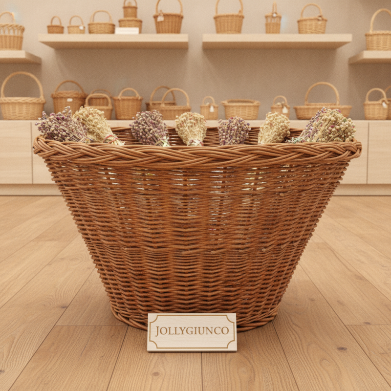Large woven wicker basket filled with dried flowers sits on a wooden floor in a shop, with a small sign reading JOLLYGIUNCO in front.