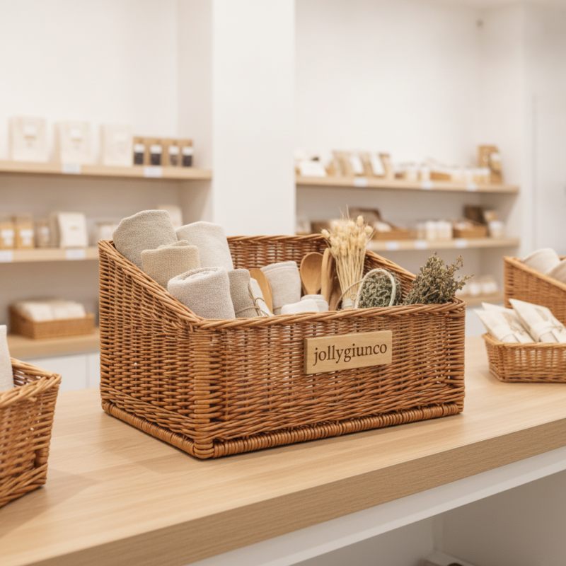 Wicker basket on a wooden counter displaying rolled towels and spa items in a retail setting, labeled 'jollygiunco'.