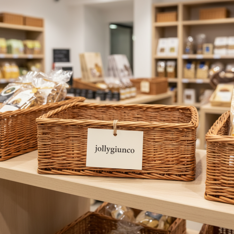 Wicker basket on a store shelf with a label reading 'jollygiunco' attached to the front.