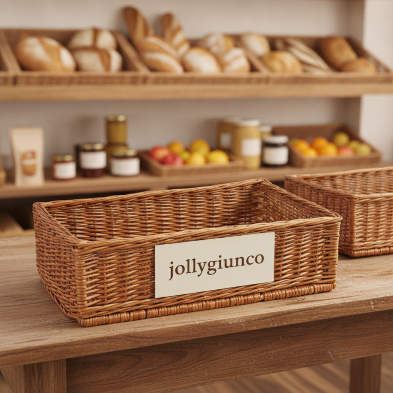 Wicker basket on a wooden counter in a bakery, with a sign reading 'jollygiunco' and bread loaves on a shelf in the background.