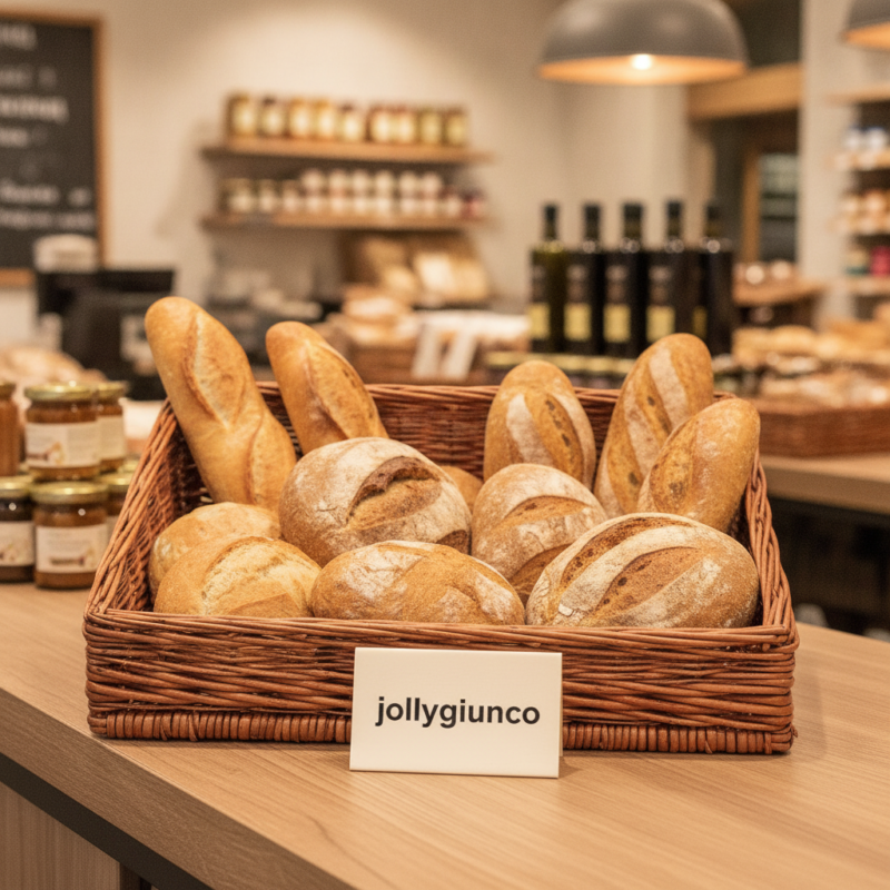 Basket of rustic loaves in a bakery display with a sign reading 'jollyguinco' on a wooden counter