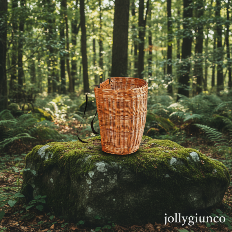 Woven wicker basket with black straps sits on a moss-covered rock in a sunlit forest clearance.