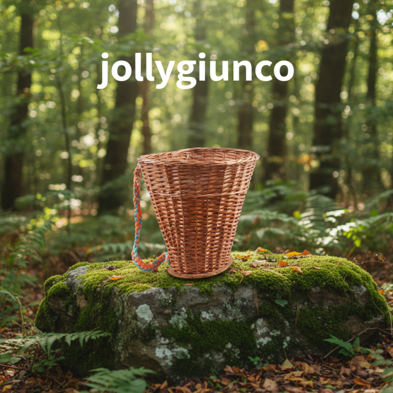 Wicker basket on a mossy rock in a sunlit forest, with the brand name 'jollygiunco' across the top.