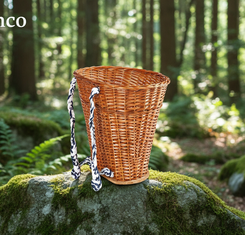 Wicker basket with striped rope handles rests on a mossy rock in a sunlit forest; jollygiunco logo in the top-left.
