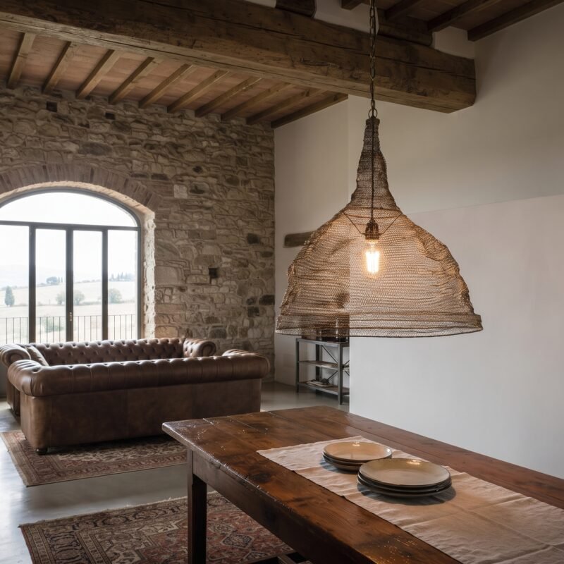 Rustic living room with stone walls, exposed wooden beams, a large woven pendant lamp, and a leather sofa by an arched window.