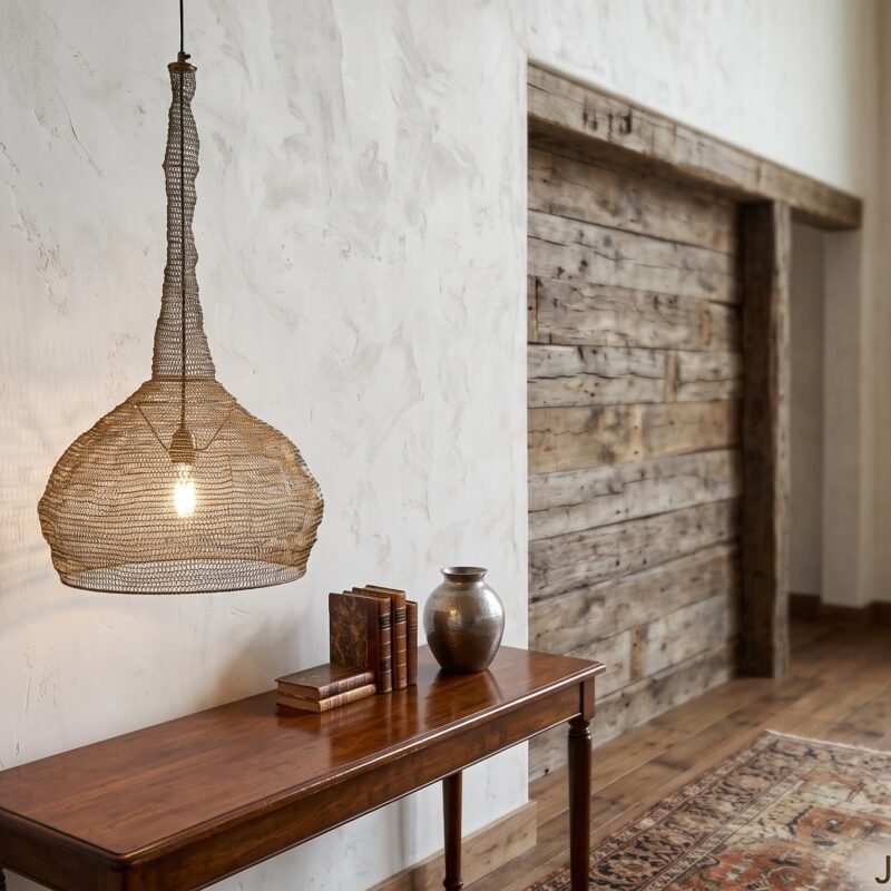 Woven wicker pendant lamp hanging above a dark wooden console table with a small stack of books and a ceramic vase, set against a textured white wall and rustic wood paneling.