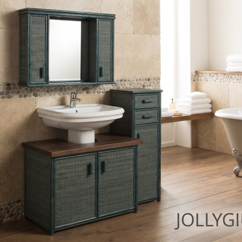 Vintage-style teal bathroom vanity with sink, mirror, and stacked towels in a beige-tiled bathroom.