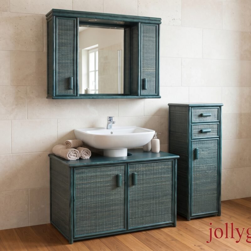 Teal wicker bathroom vanity and matching tall cabinet against beige tile wall, with a white sink and folded towels on the counter.