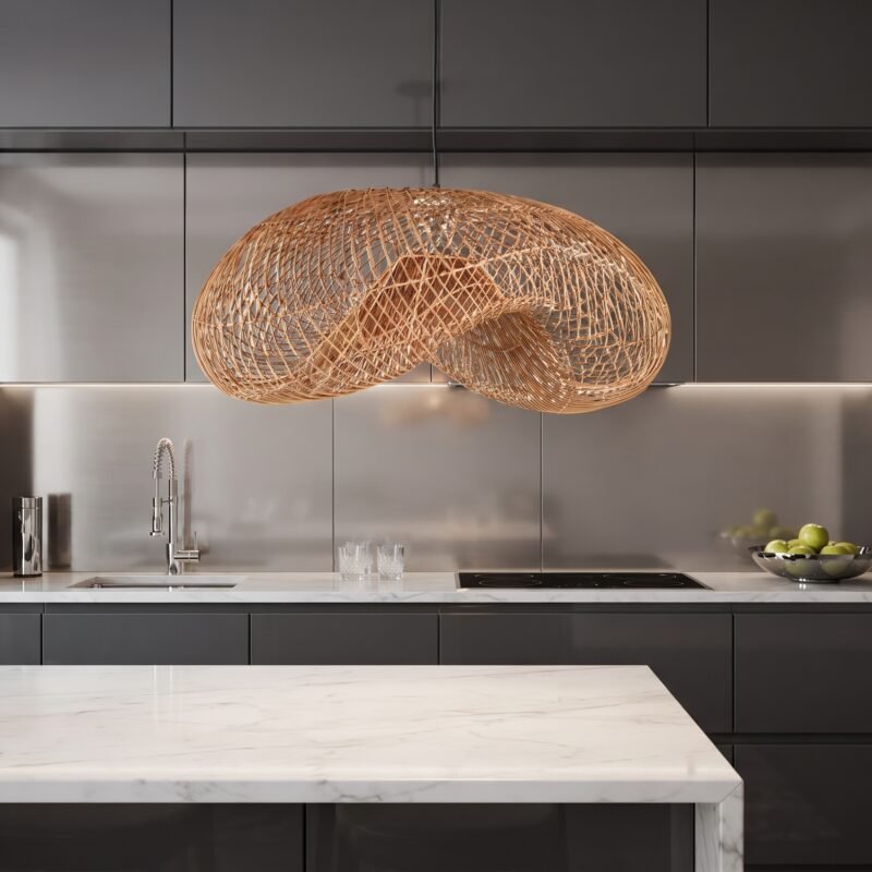 Woven wicker pendant light hanging over a white marble kitchen island in a sleek gray kitchen.